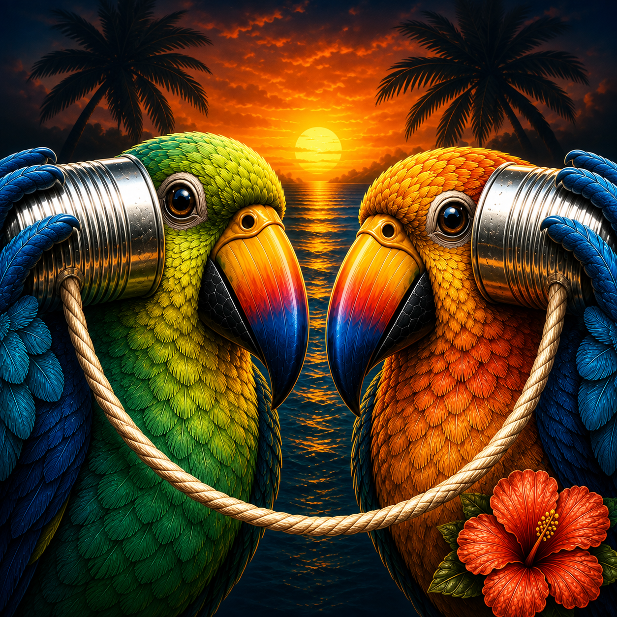 Two colourful toucans sharing a tin-can telephone at sunset.
